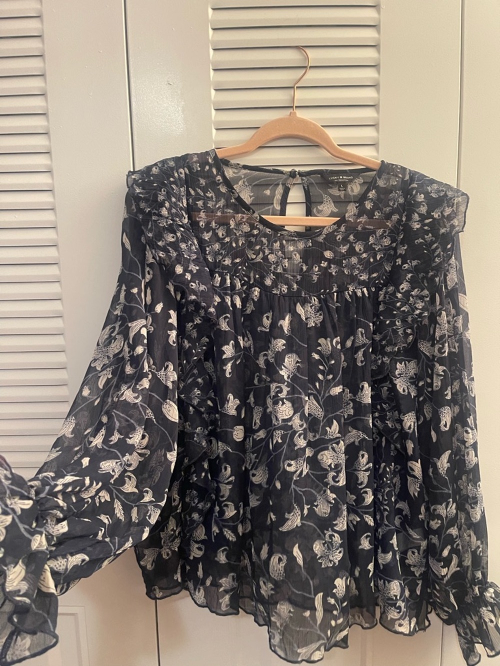 Lucky Brand Navy Sheer Floral Ruffle Blouse
